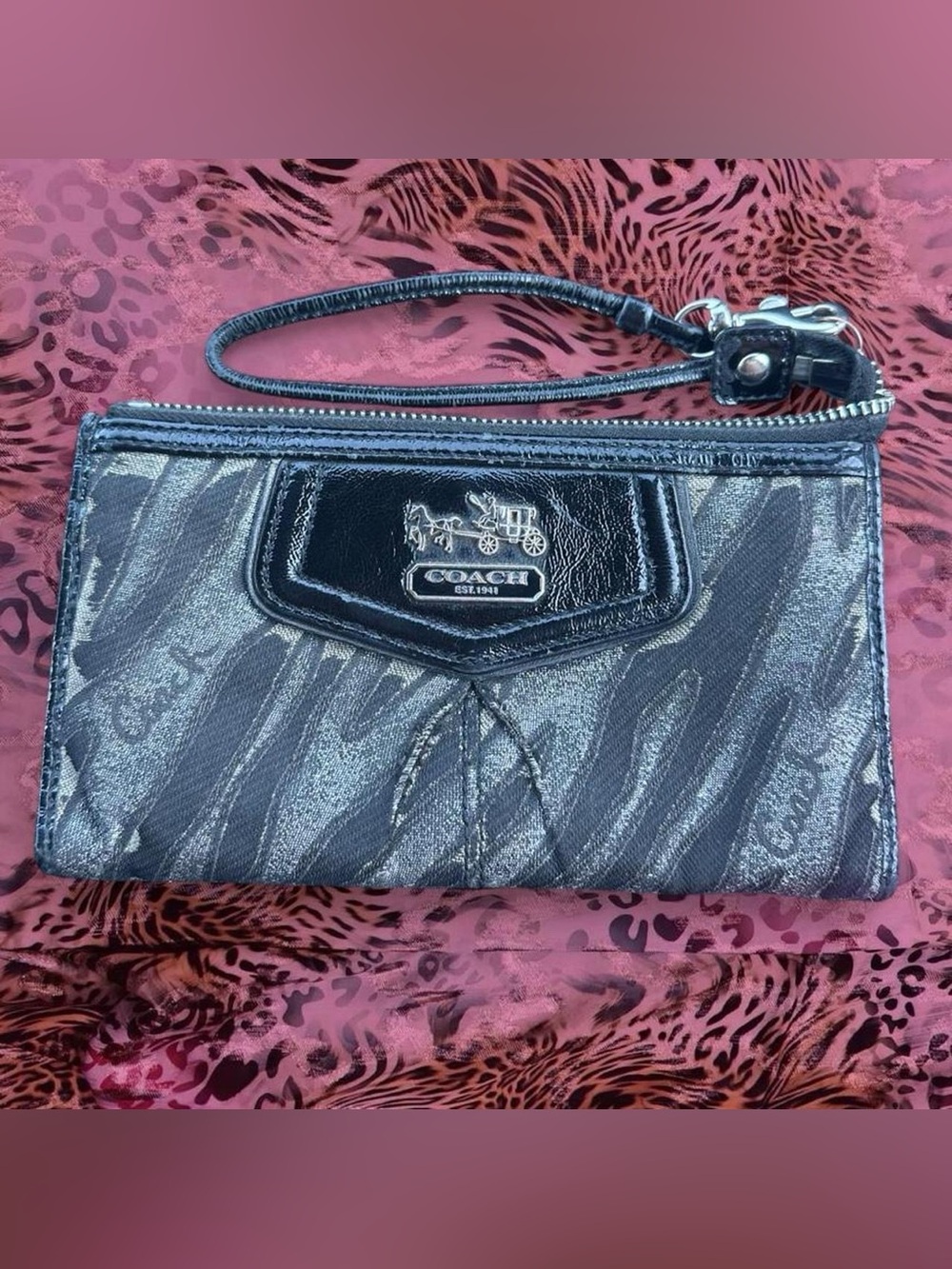 COACH Black Metallic Zebra-Pattern Wristlet Clutch